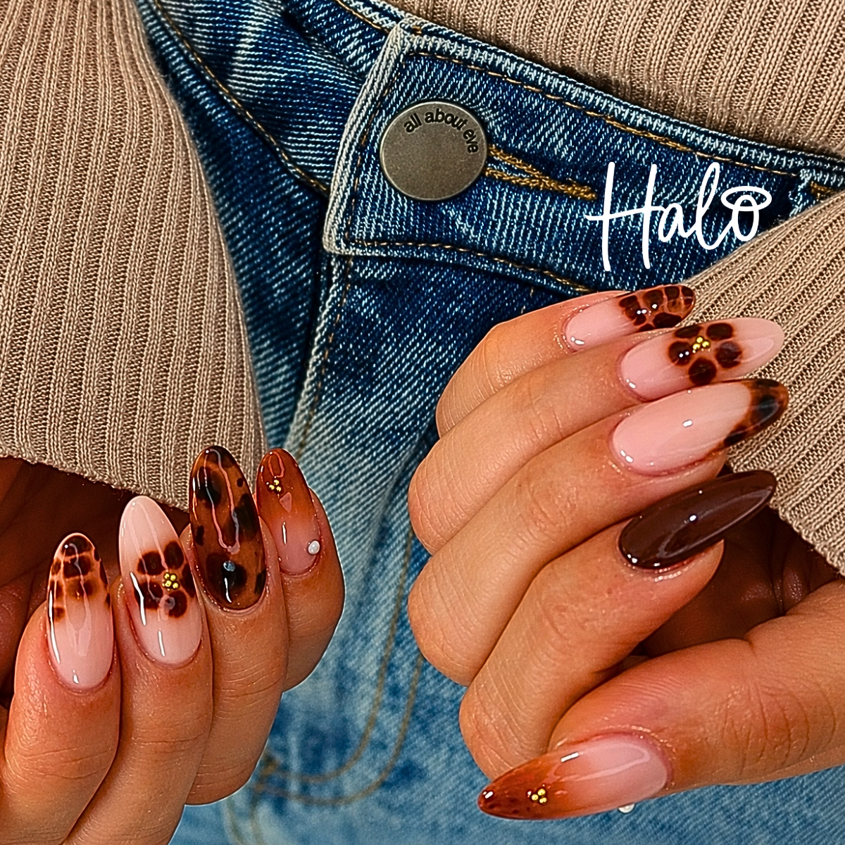 Glossy almond-shaped nails featuring tortoiseshell, nude and chocolate brown designs with delicate gold accents.