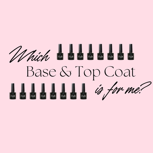 Black Halo gel polish Base and Top Coat bottles lined in a row in front of pink background