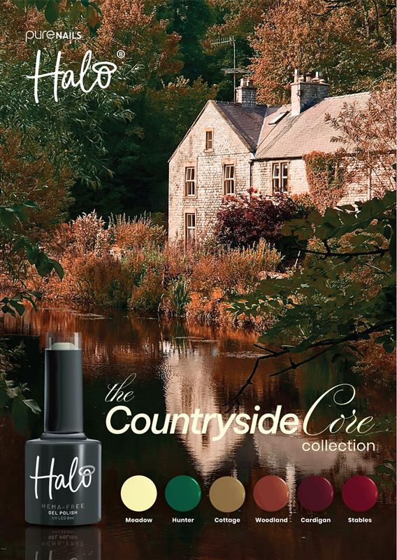 Halo Pure Nails advertisement for Countryside Core collection with a house and lake in the background