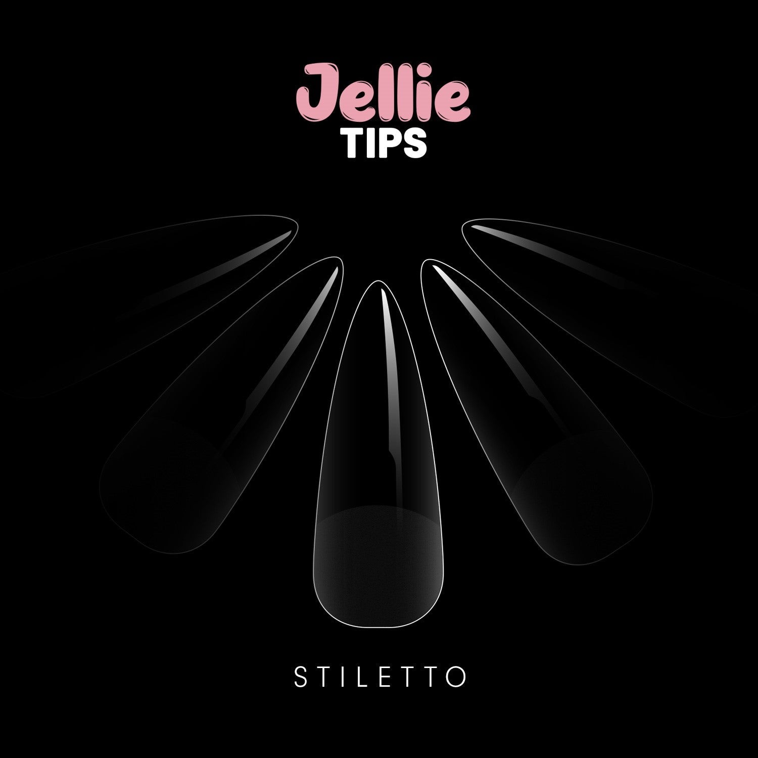 Jellie Tips stiletto nail form on a black background with 'Jellie Tips' branding.