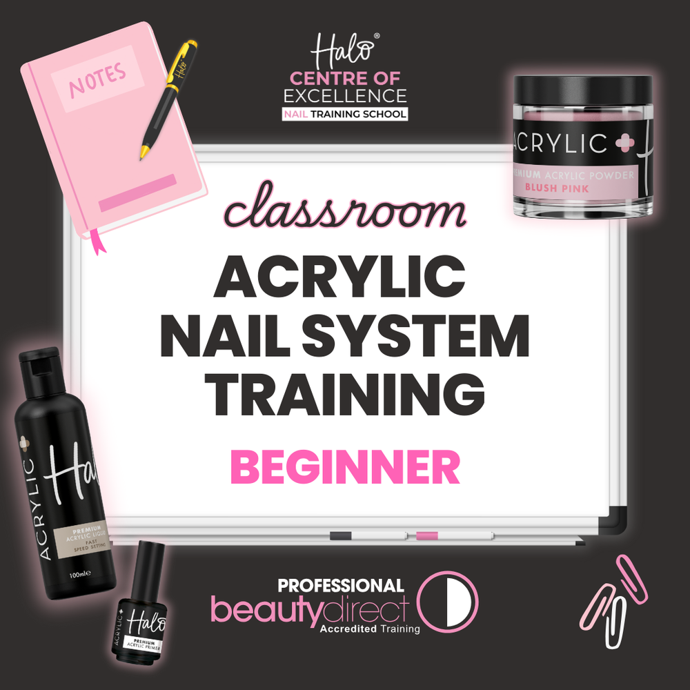 Promotional image for acrylic nail system training with Halo products and text.