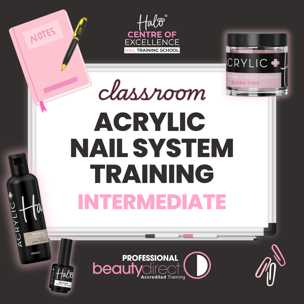 Advertisement for acrylic nail system training with Halo and Professional Beauty Direct branding.