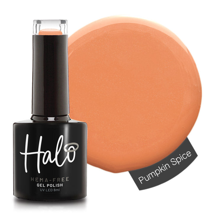 Halo gel polish bottle with 'Pumpkin Spice' color swatch on a white background
