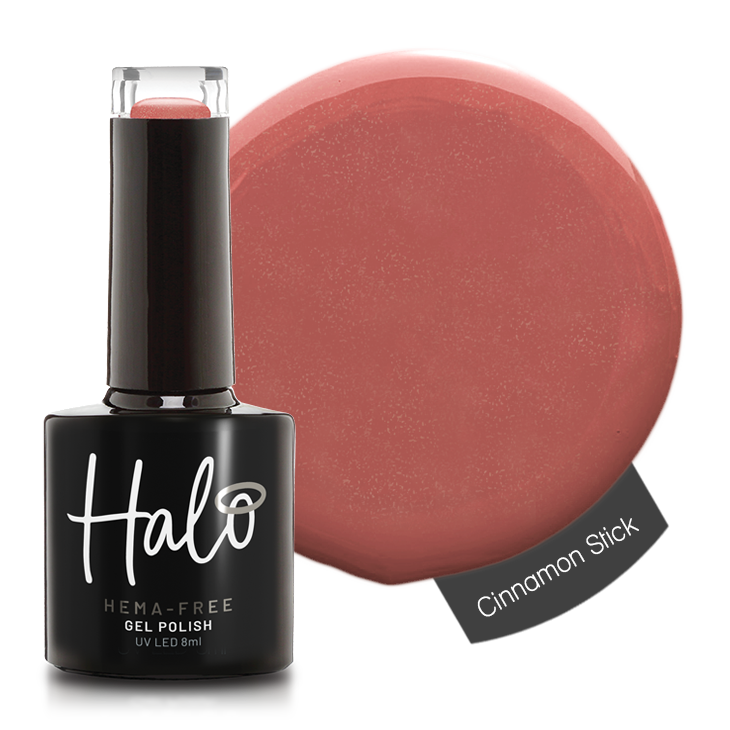 A bottle of Halo brand gel polish in a brown shade named 'Cinnamon Stick'