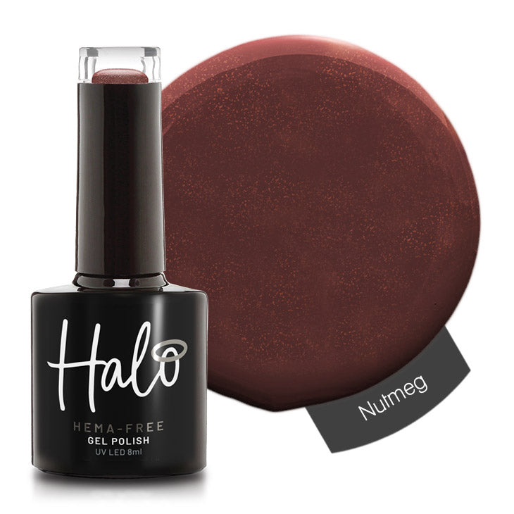 Halo gel polish bottle with a swatch labeled 'Nutmeg' on a white background