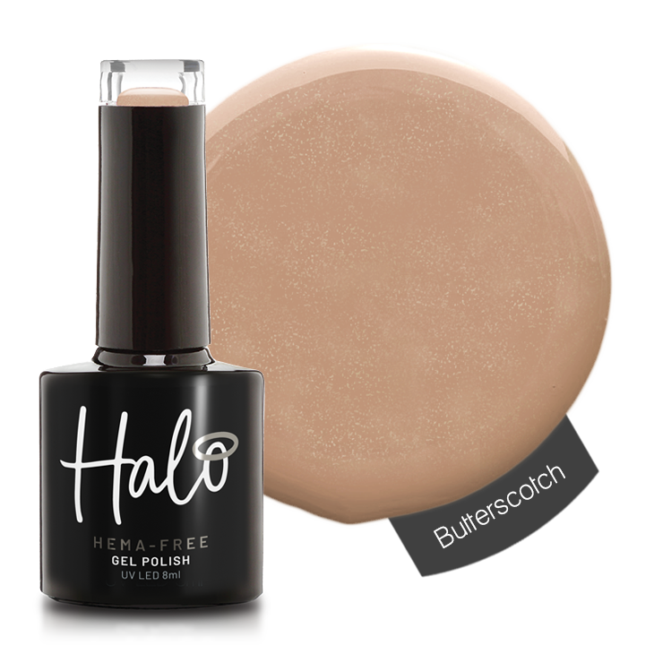 Halo gel polish bottle with a beigeyglittery color swatch labeled 'butterscotch'.