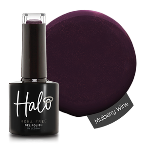 Product image and colour swatch of Pure Nails' Halo glitter gel polish in shade 'Mulberry Wine'