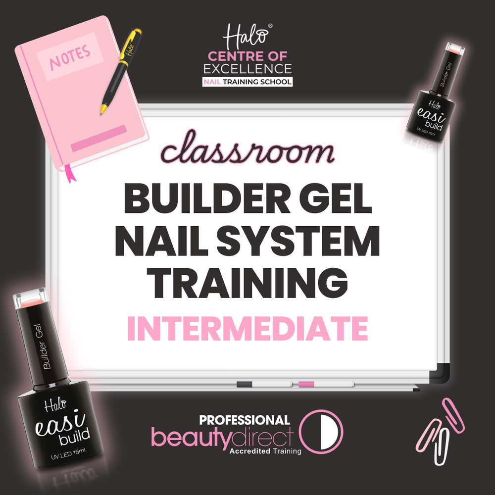 Advertisement for Halo Centre of Excellence training school's builder gel nail system training with nail products and a whiteboard.