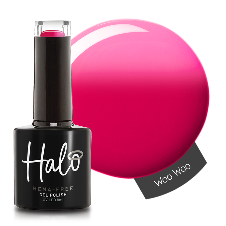 Halo gel polish bottle with pink color swatch labeled 'Woo Woo' on a white background
