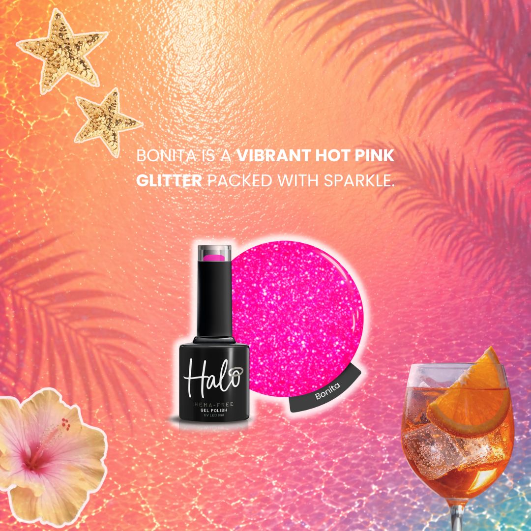 Halo nail polish bottle with pink glitter, star decorations, and a cocktail on a colorful background.