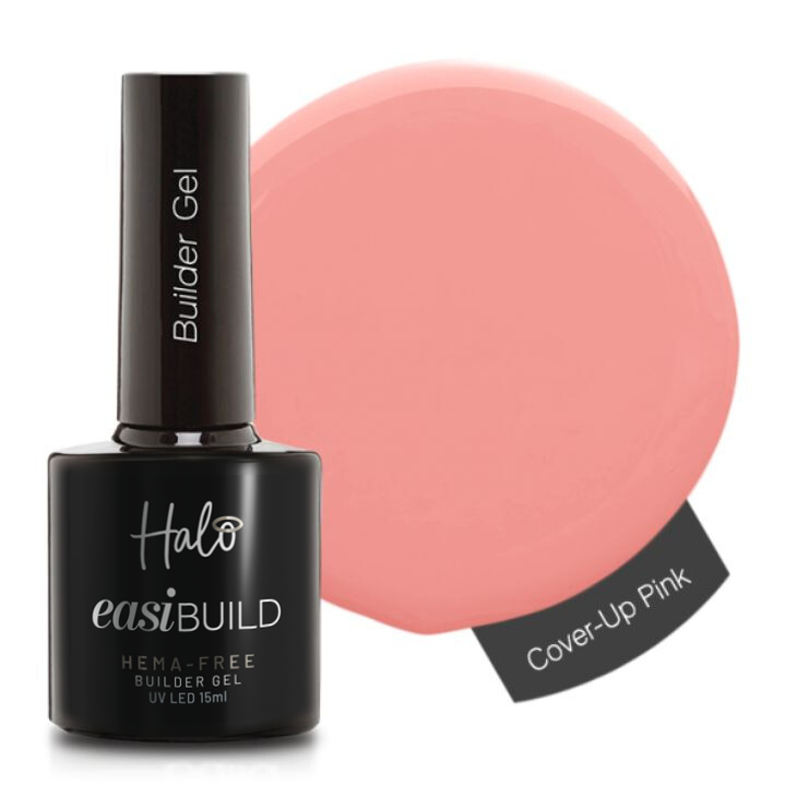 Halo easiBUILD Builder Gel bottle with a swatch of Cover-Up Pink color on a white background