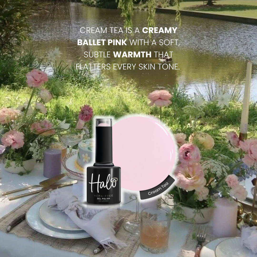 Table setting with Halo nail polish bottle and 'Cream Tea' color swatch, outdoor scene with flowers and water.