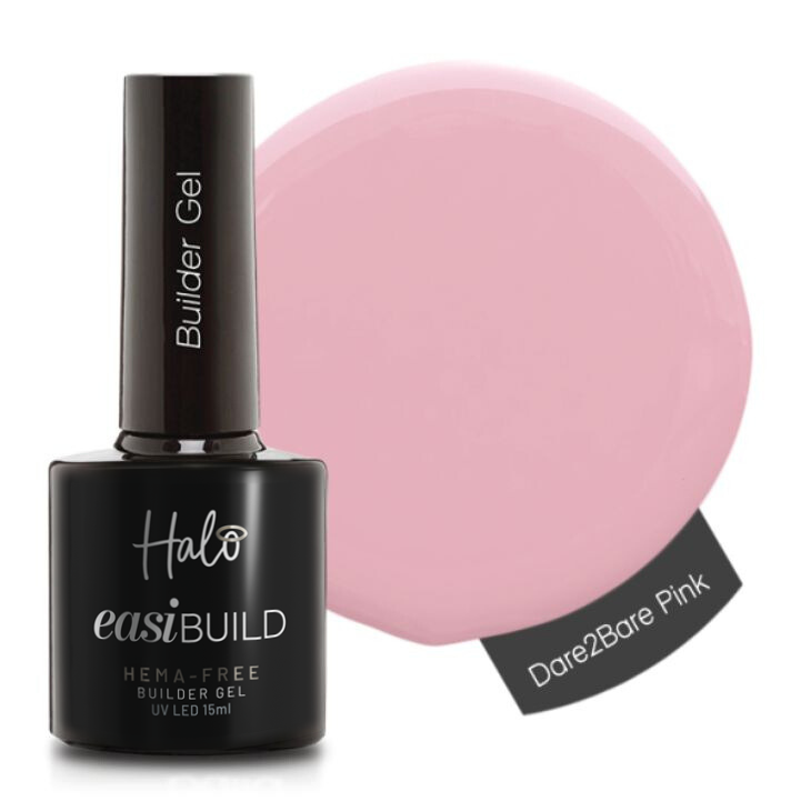 Halo easiBUILD gel polish bottle with a pink color swatch labeled 'Dare2Bare Pink'.