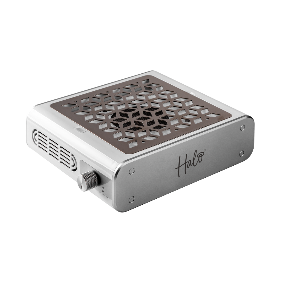 Metallic device with a geometric pattern on a white background