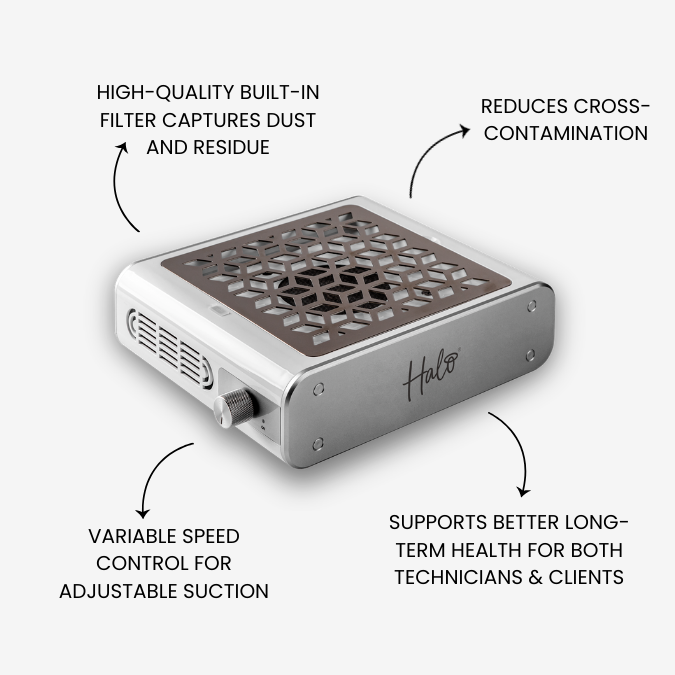 Portable air purifier with features highlighted on a white background