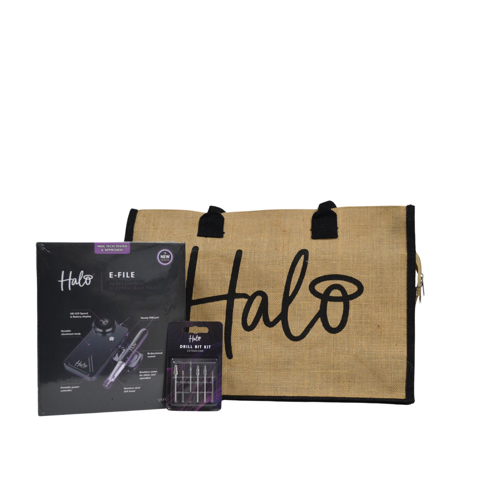 A Halo E-File Pro Student Kit which includes a black and purple e-file, a beige jute college kit bag, extension drill bit kit in a purple and black box, and a product packaging box with the Halo brand visible.