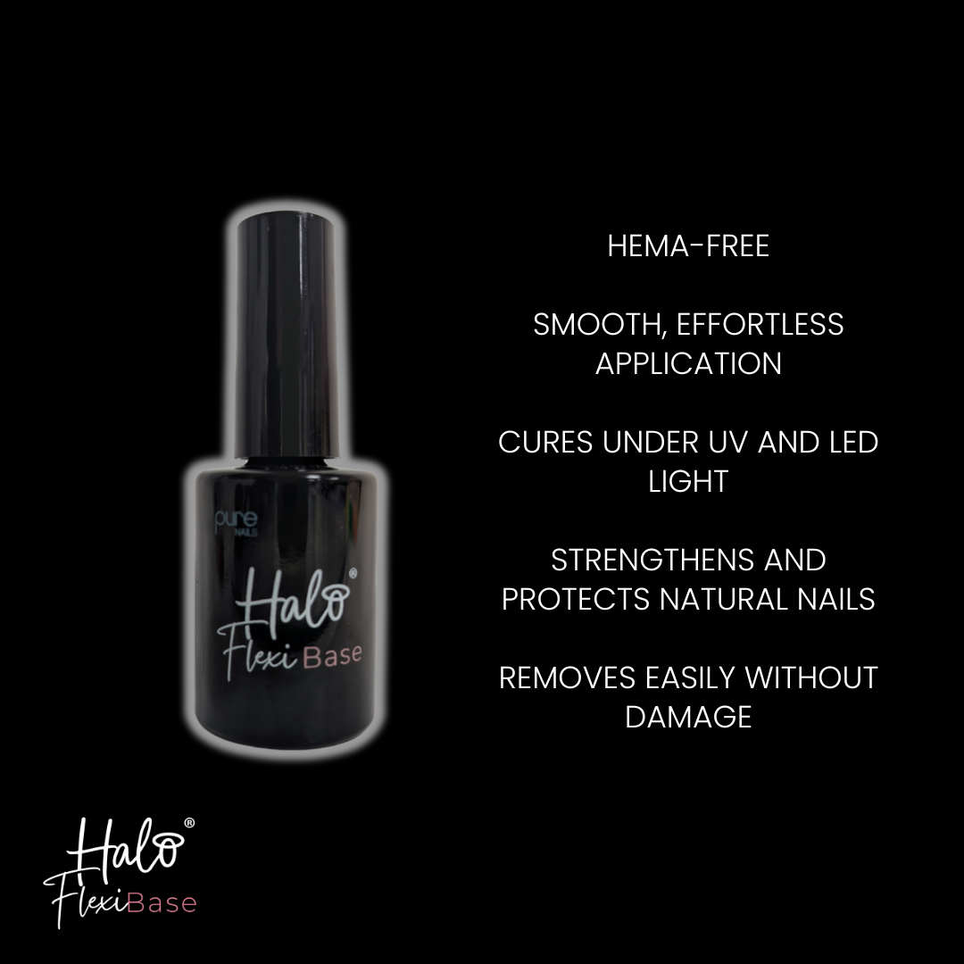 Infographic describing the features of Pure Nails' Halo Flexi Base UV Gel polish