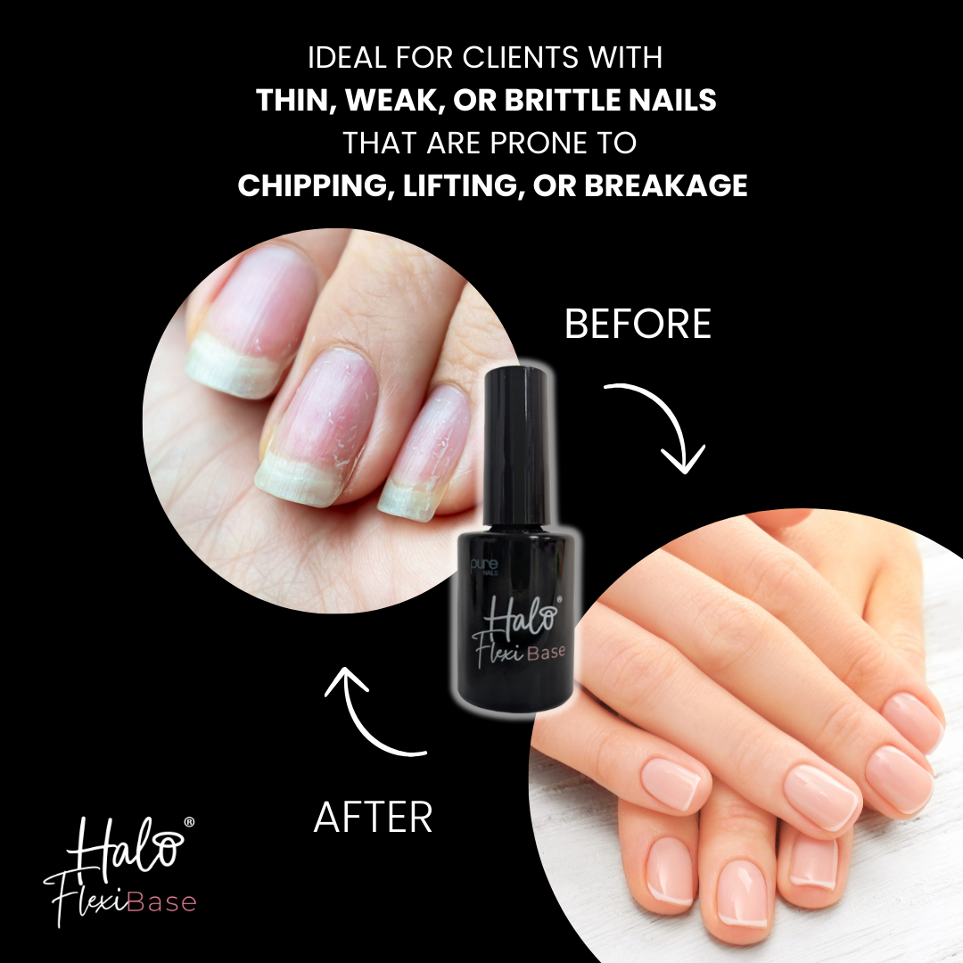 Halo Flexi Base Gel Polish before and after on damaged nails 