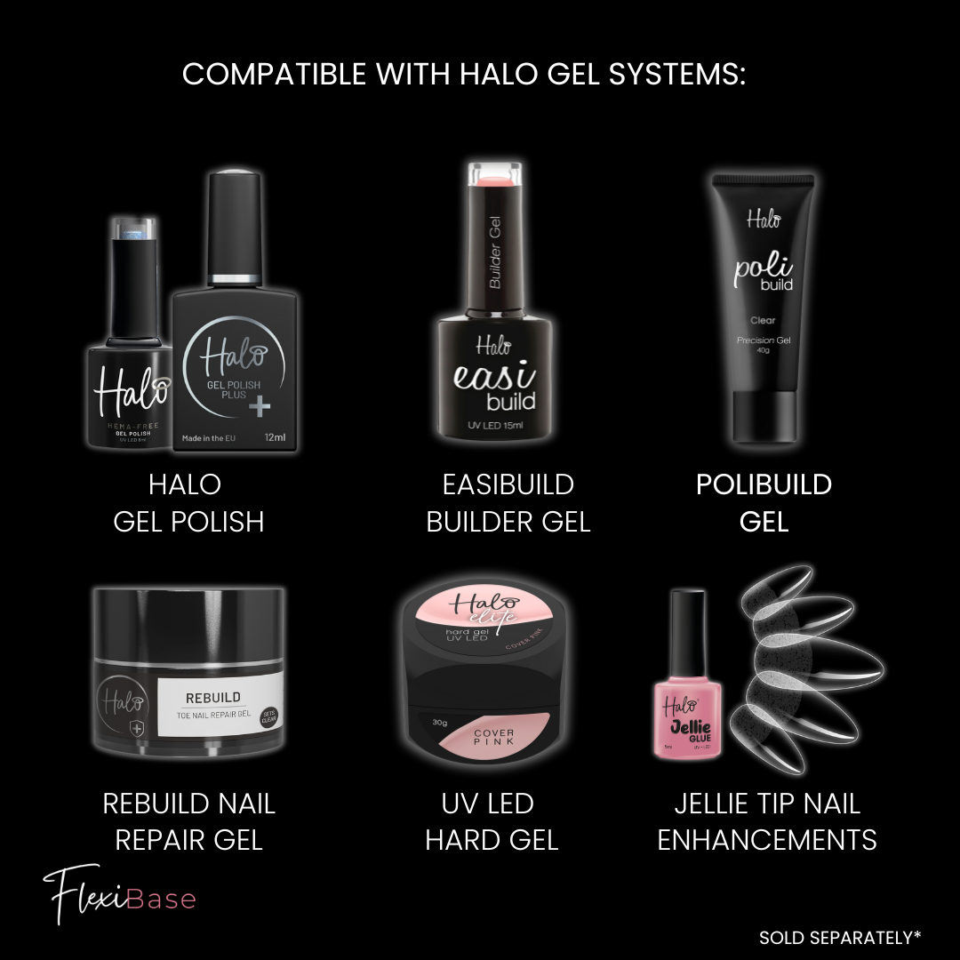 Infographic showing the Halo Gel Systems compatible with the Halo Gel Flexi Base polish