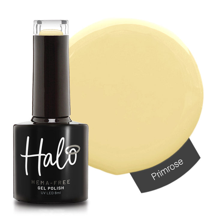 Halo gel polish bottle with Primrose color swatch on a white background