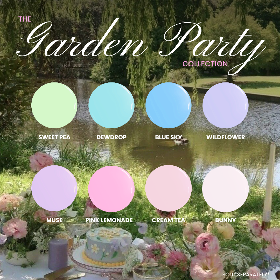 Garden party-themed table setting with pastel color swatches labeled 'Sweet Pea', 'Dewdrop', 'Blue Sky', 'Wildflower', 'Muse', 'Pink Lemonade', 'Cream Tea', and 'Bunny'.