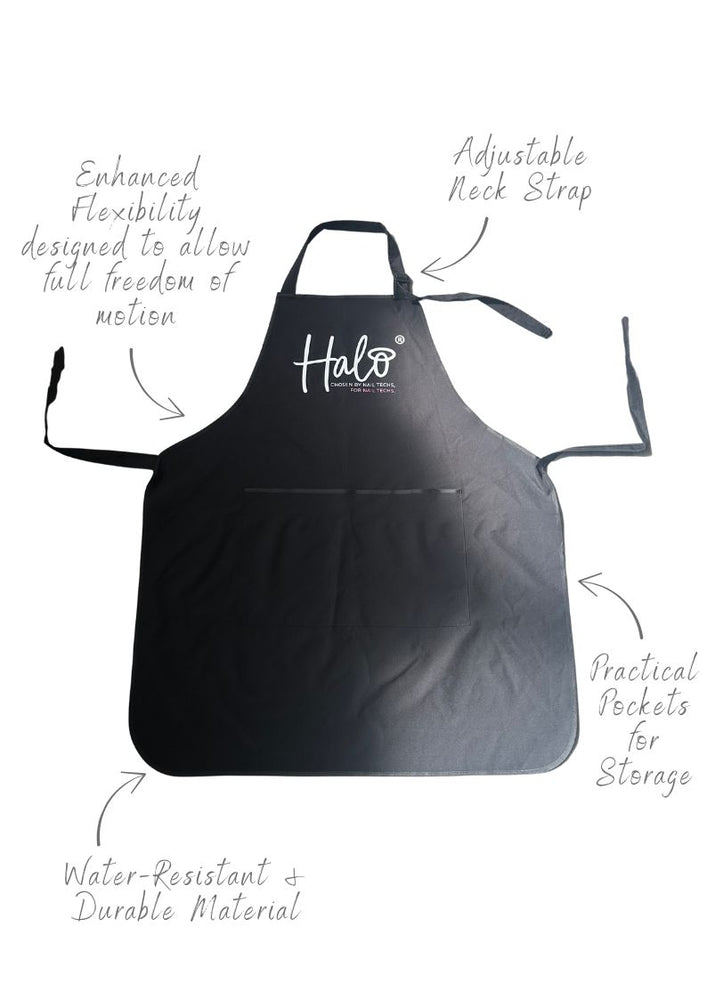 Black apron with 'Halo' branding on a white background, featuring text highlighting features.