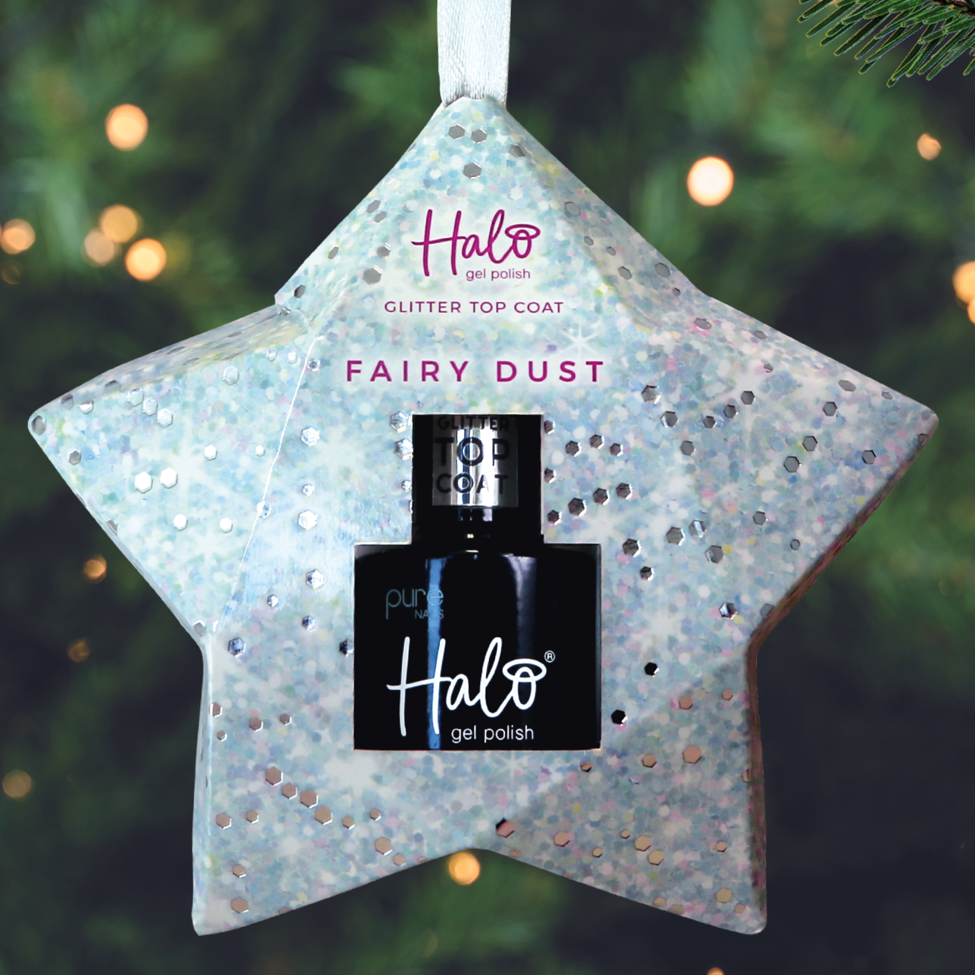 Star Christmas decoration product with Pure Nails' Halo gel polish shade 'Fairy Dust' inside