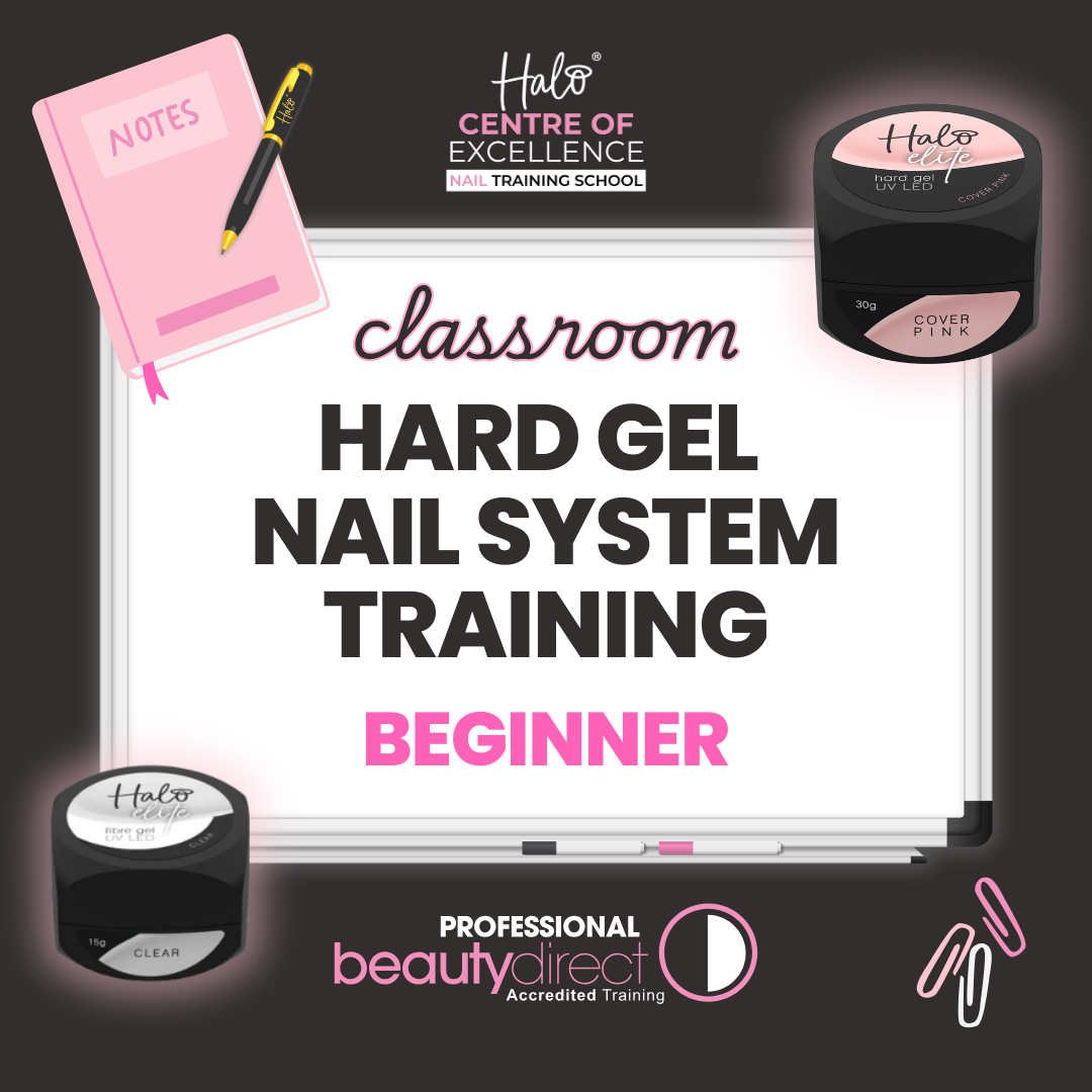 Advertisement for Halo Centre of Excellence Hard Gel Nail System Training on a black background with nail products and text.