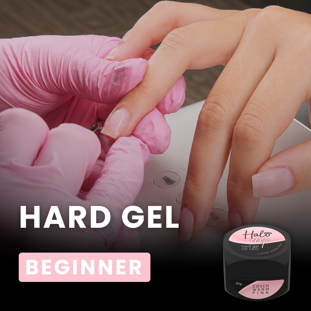 A close-up of a manicure being performed with a pink gloved hand holding a fingernail, alongside a small jar labeled Halo Gel Beginner and large text reading HARD GEL BEGINNER.