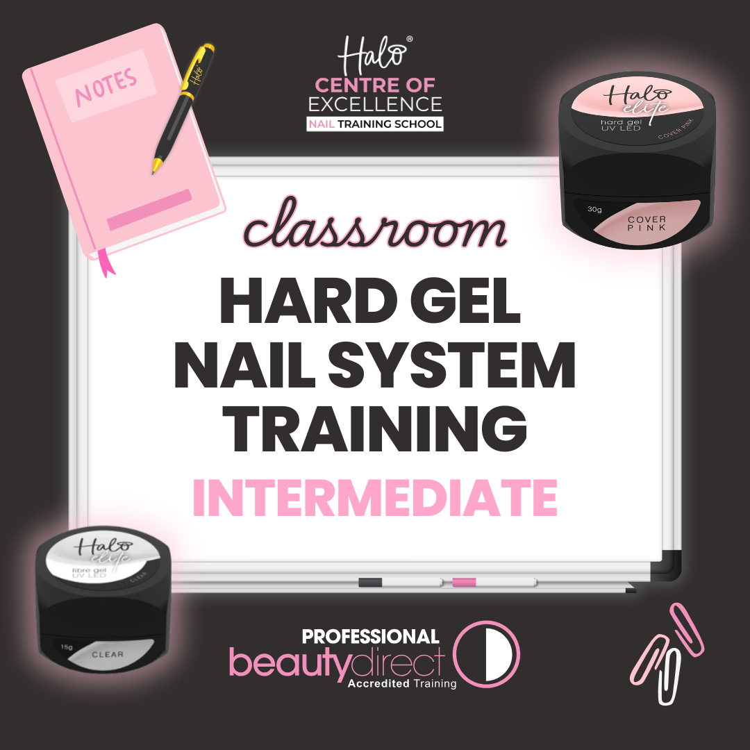 Advertisement for Halo Centre of Excellence training school's classroom hard gel nail system training on a black background.