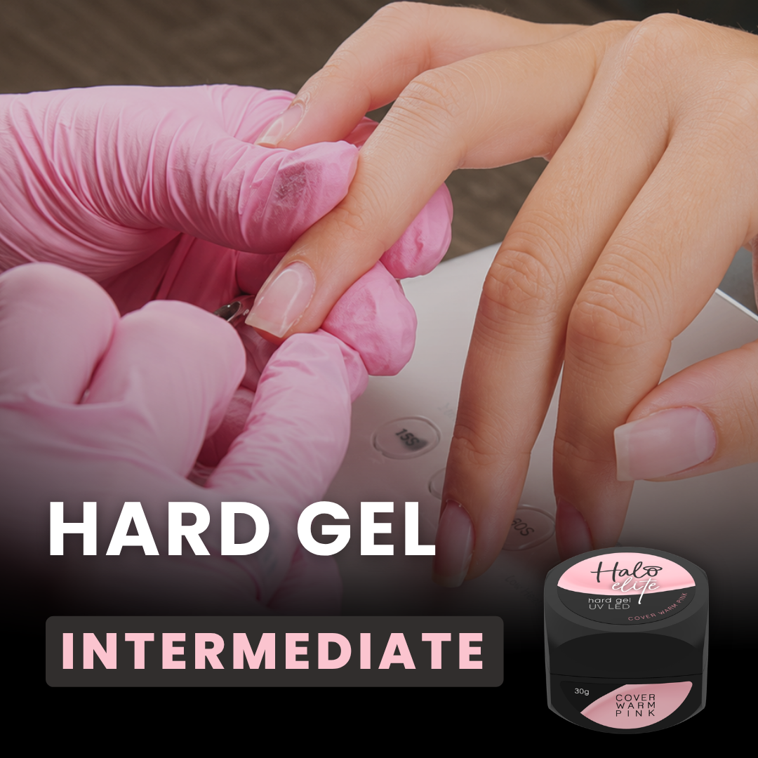 A close-up of a person's hand receiving a hard gel manicure while another hand in a pink glove applies product. The image includes text reading 'HARD GEL INTERMEDIATE' and a small jar labeled 'Halo Gel' with 'COVER NAIL'.