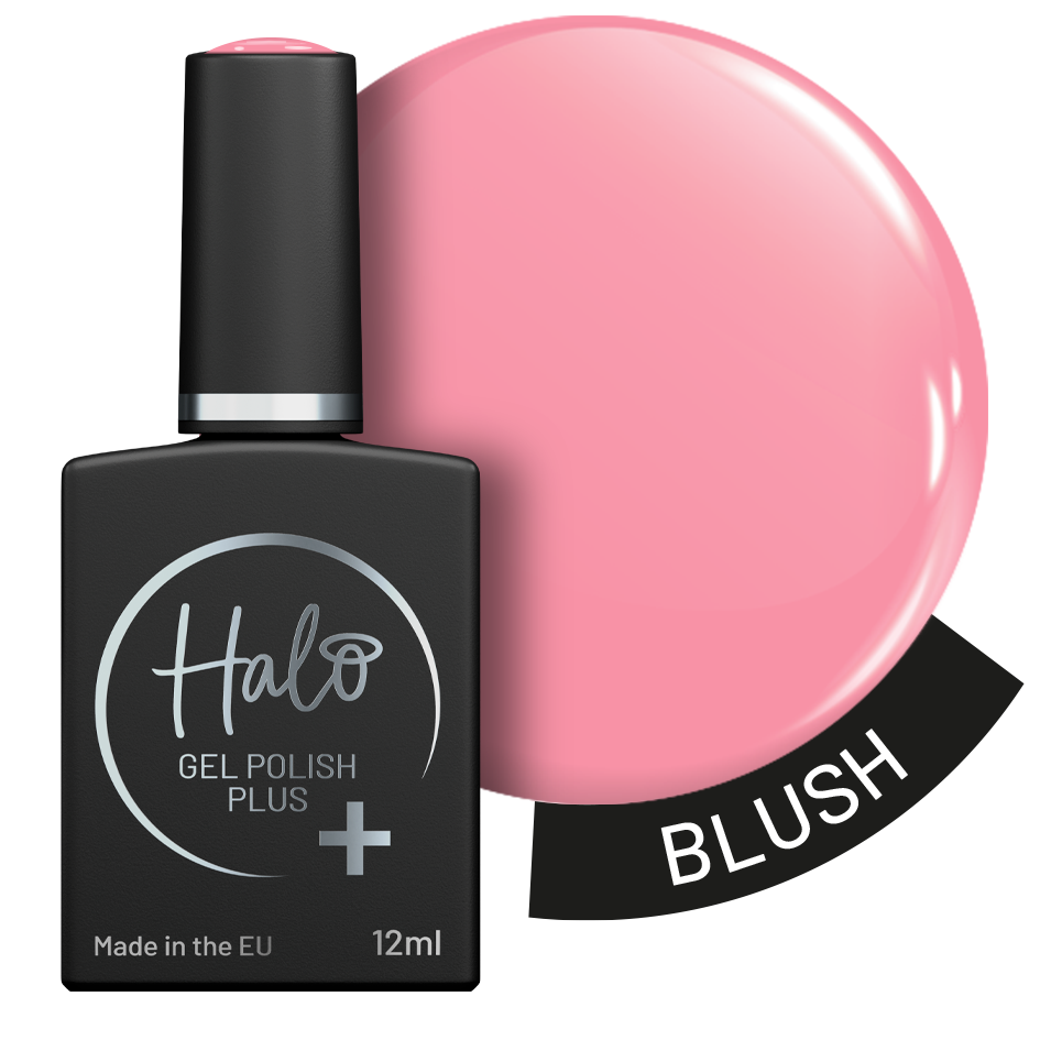 Halo gel polish bottle with pink color swatch labeled 'Blush' on a white background