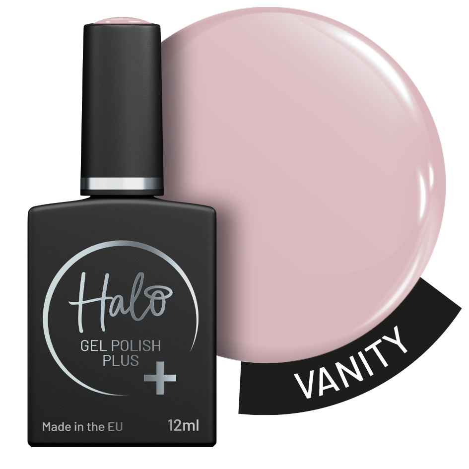 Halo gel polish bottle with a pink color swatch labeled 'Vanity' on a white background
