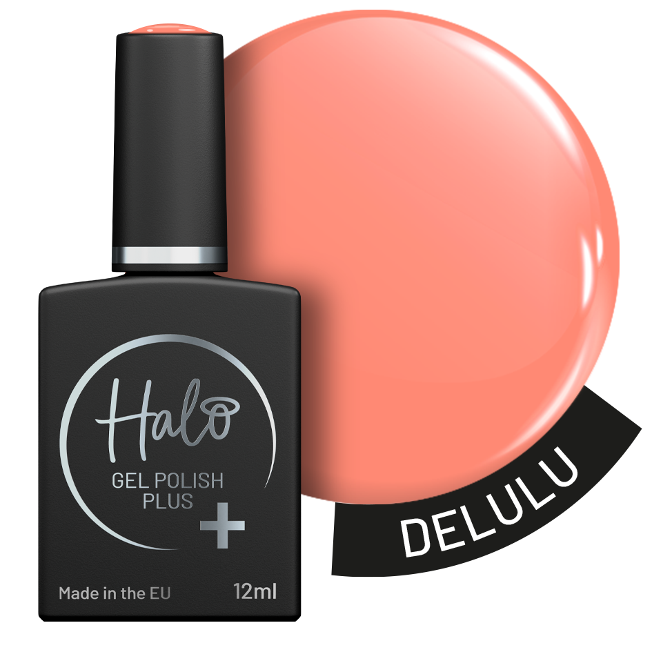 Halo gel polish bottle with a peach nail polish sample labeled 'Delulu' on a white background
