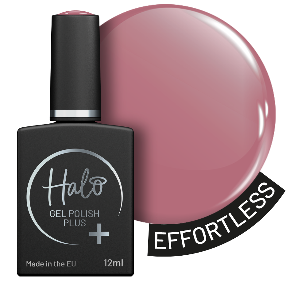 Halo gel polish bottle with pink nail polish swatch labeled 'Effortless' on a white background