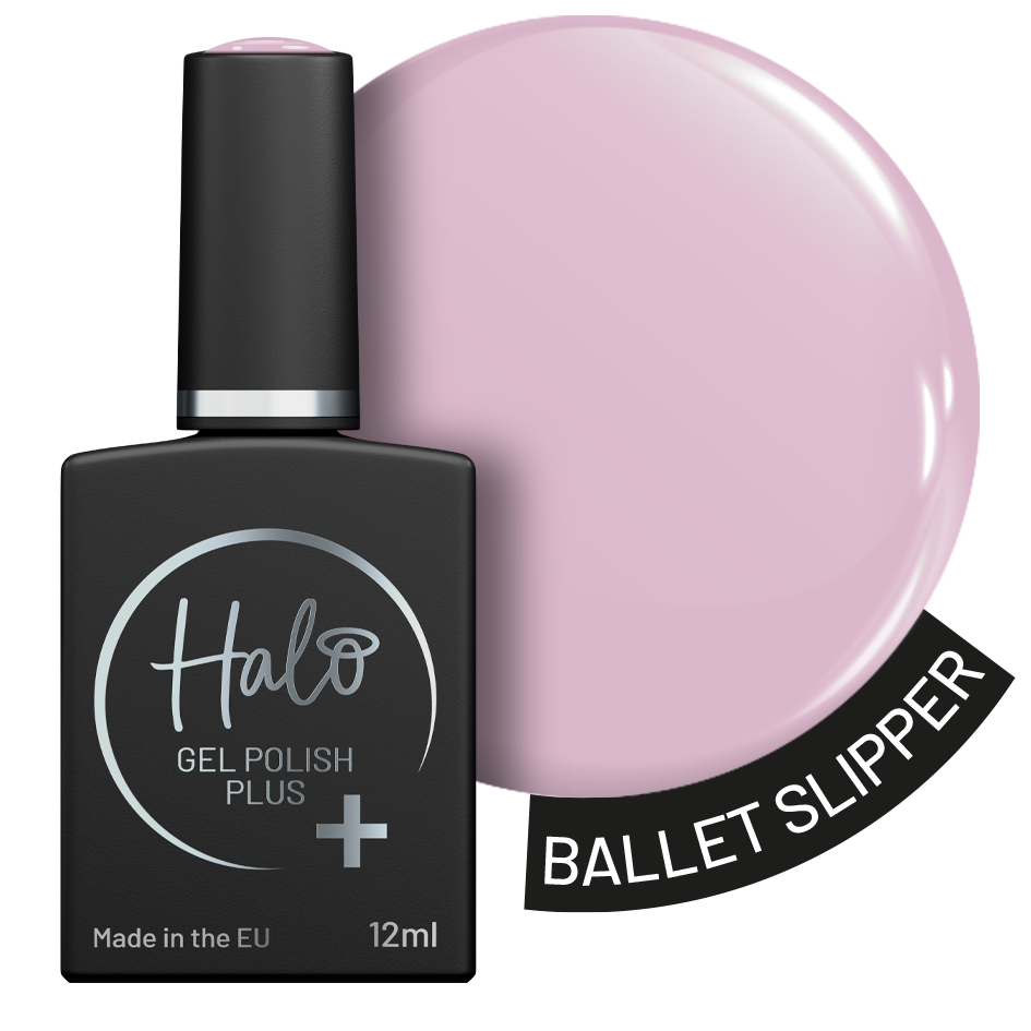 Halo gel polish bottle with a sample of pink nail polish and 'Ballet Slipper' label.