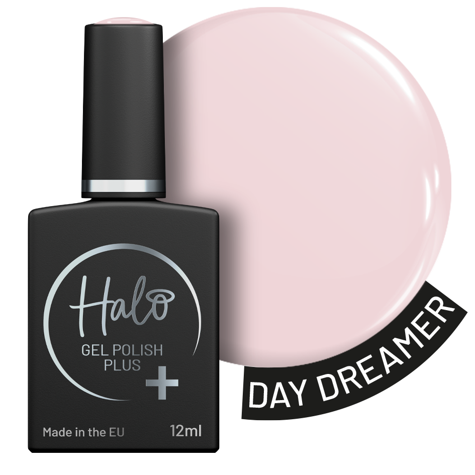 Halo gel polish bottle with a pink nail polish sample labeled 'Day Dreamer' on a white background