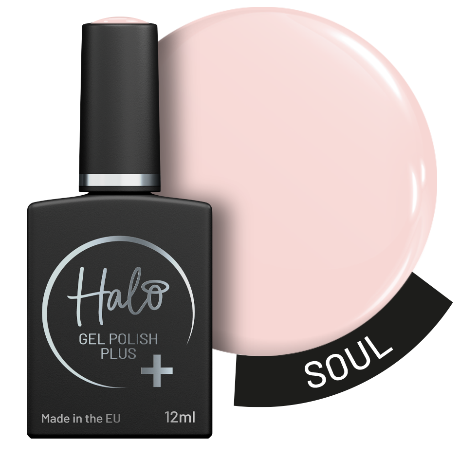 Halo gel polish bottle with a pink color swatch labeled 'Soul' on a white background