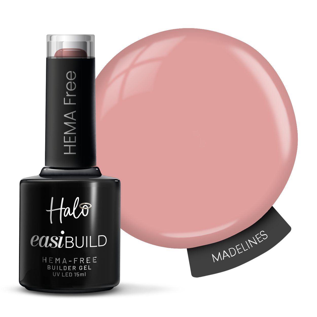 Hema Free Halo easiBUILD gel polish with a pink color swatch on a white background