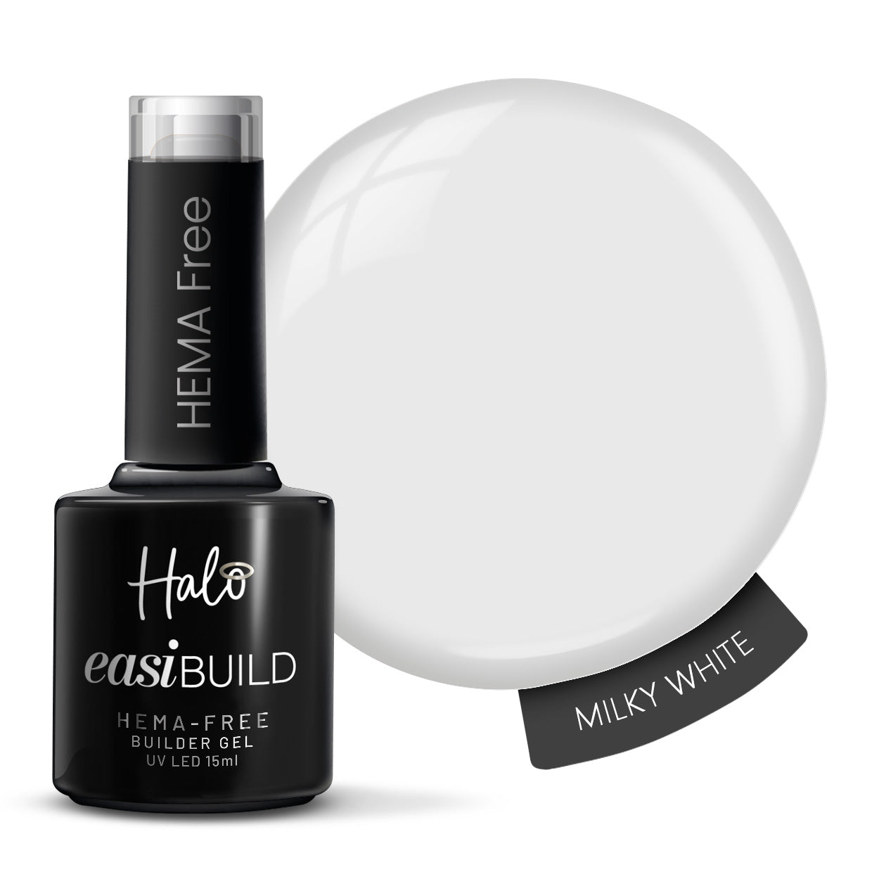 HEMA Free Halo easiBUILD gel bottle with Milky White color swatch on a white background