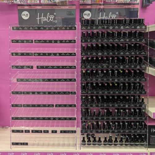 Shelf with Halo nail polish and accessories in a store setting