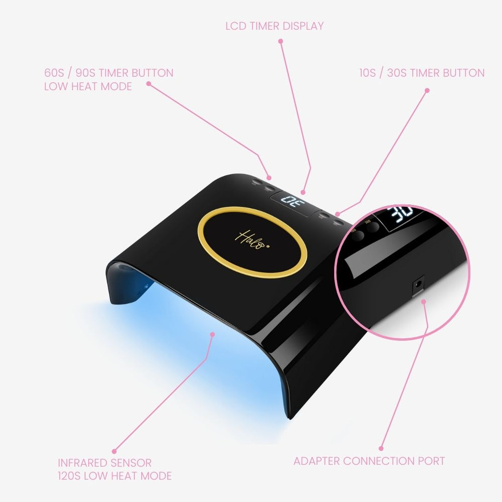 Black Nail UV lamp with labeled features on a white background