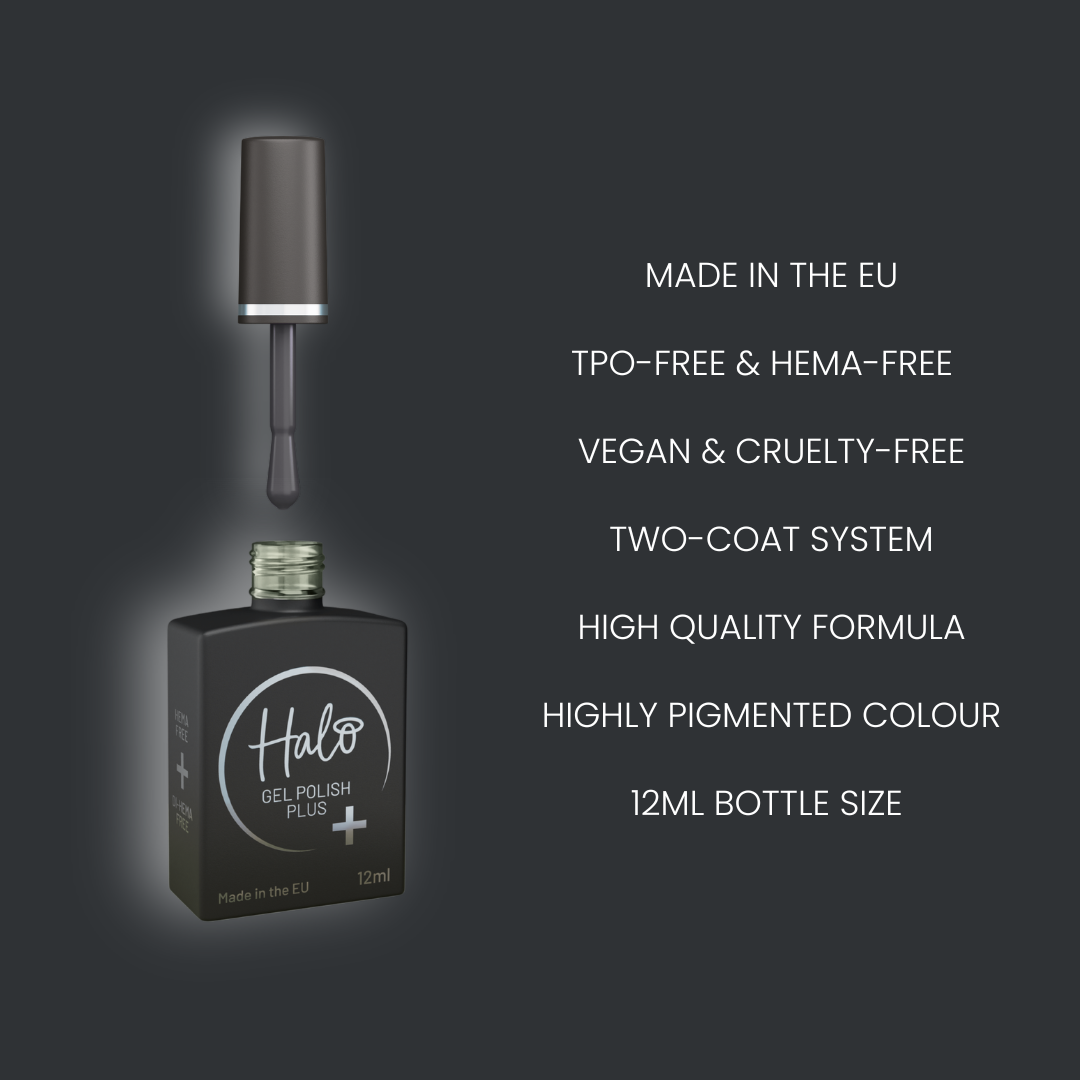 Nail gel polish bottle with dropper and product features listed on a dark background