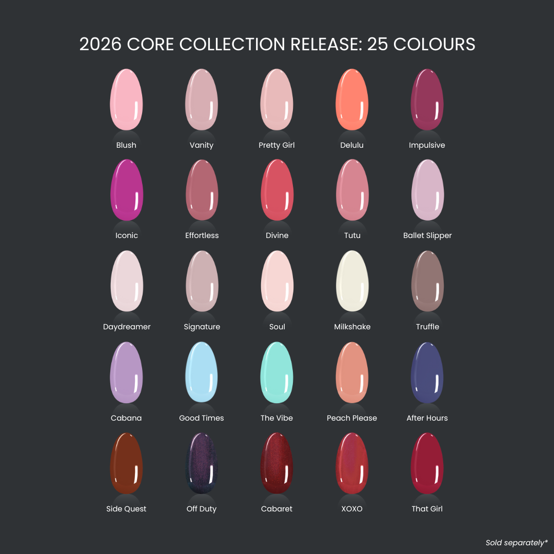 25 nail polish colors arranged in a grid with names on a dark background