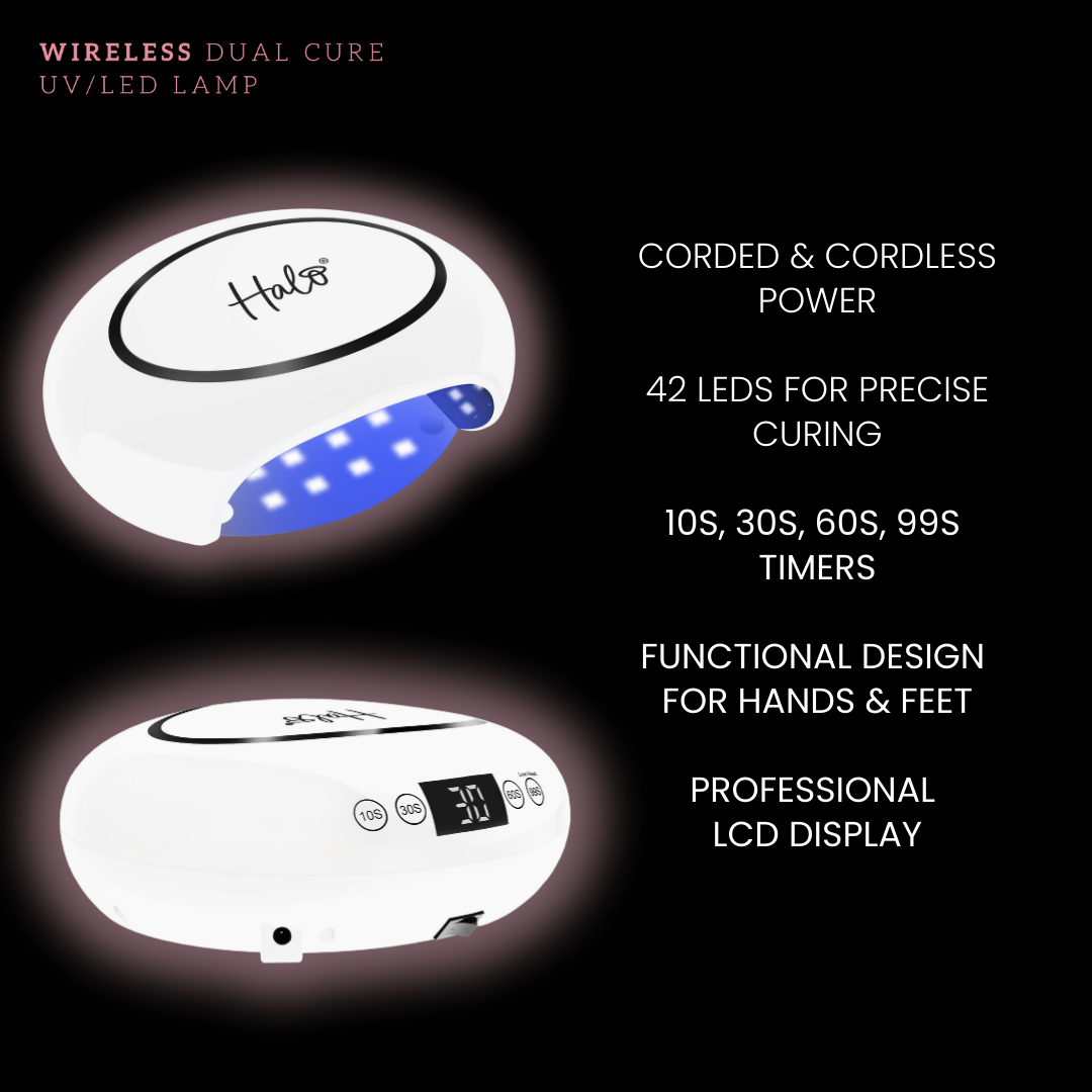 Halo wireless dual cure UV/LED lamp with features listed on a black background