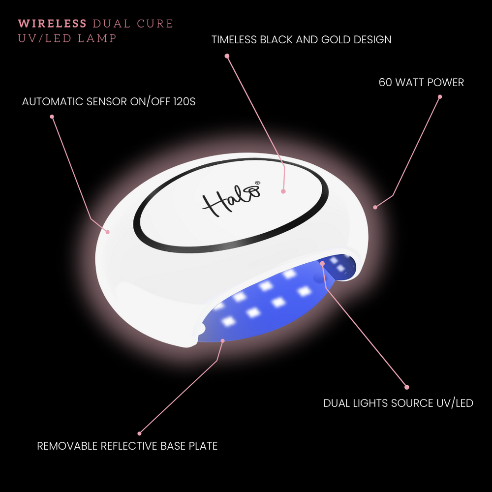 Halo wireless dual cure UV/LED lamp with features highlighted on a black background