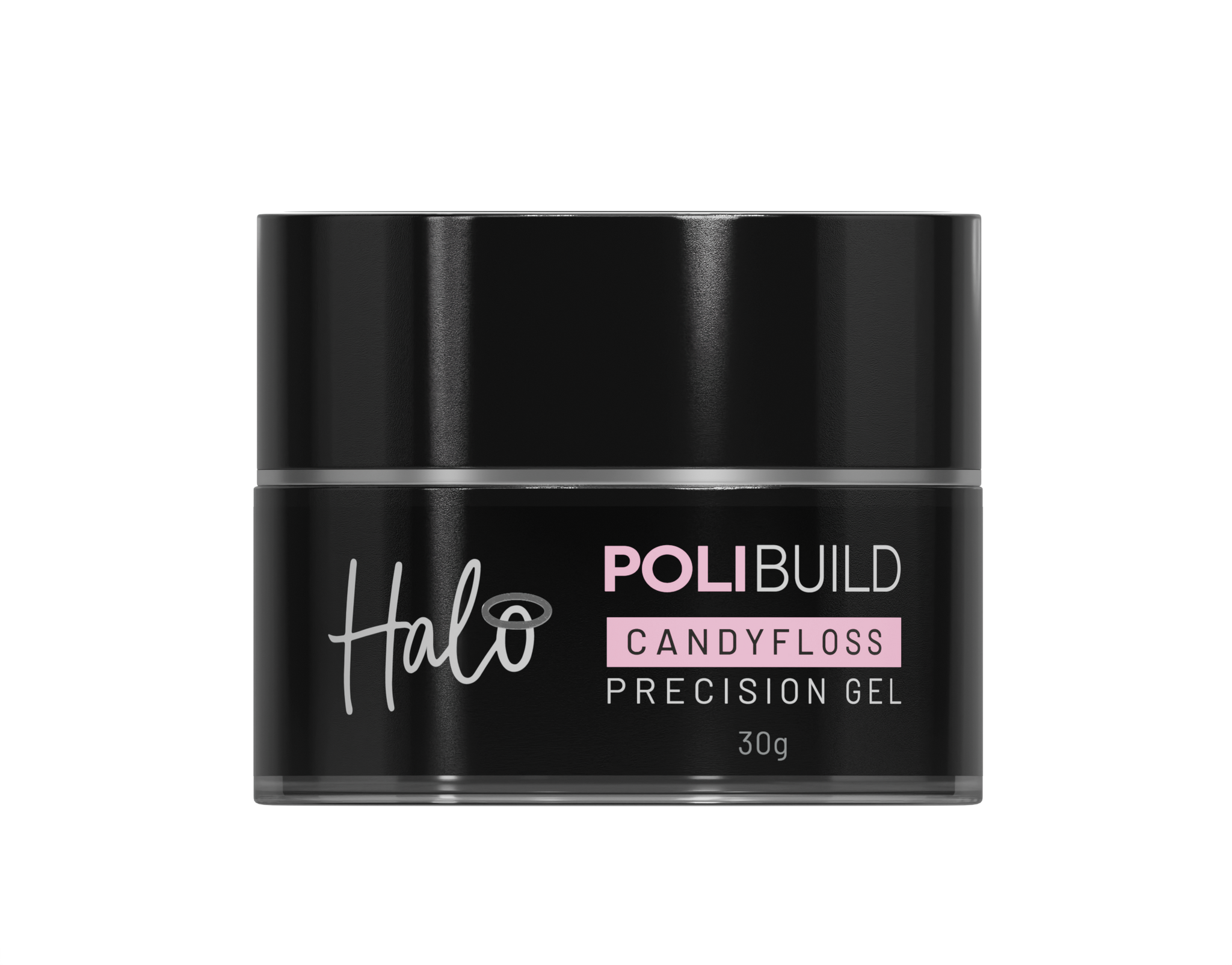 Black jar of Polibuild Halo French Bloom Precision Gel on a white background