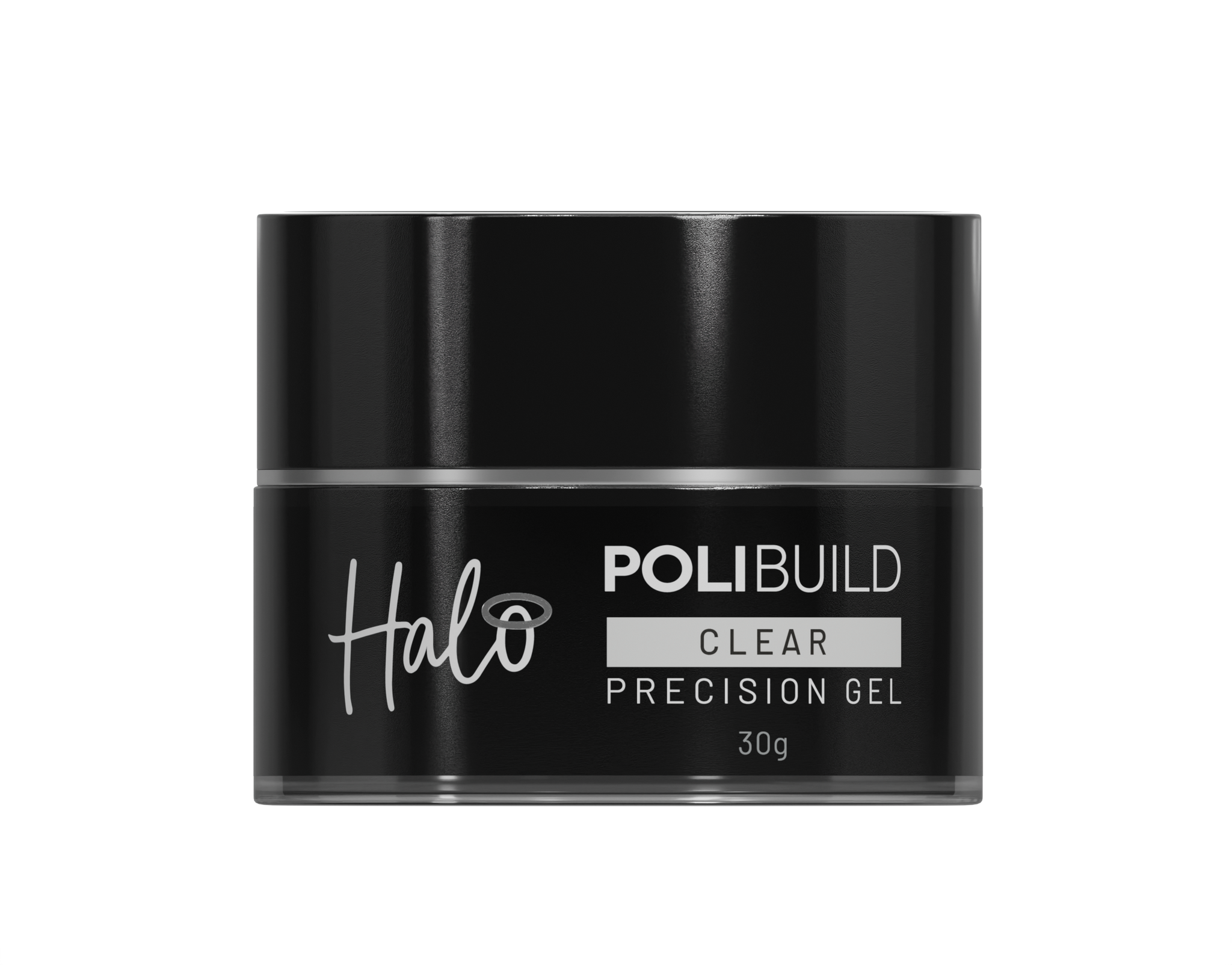Black jar of Polibuild Halo French White Precision Gel on a white background