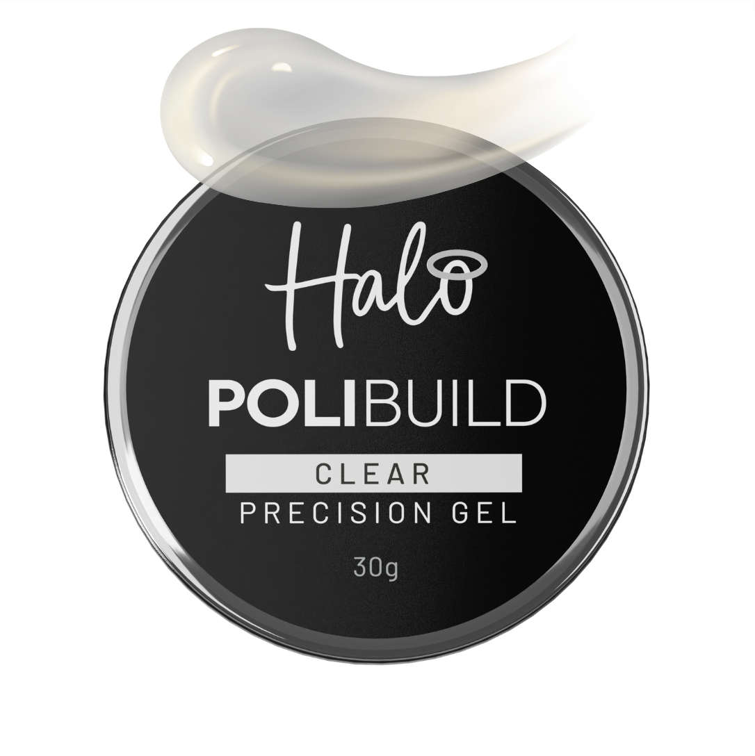 Black container of Halo Polibuild clear precision gel on a white background