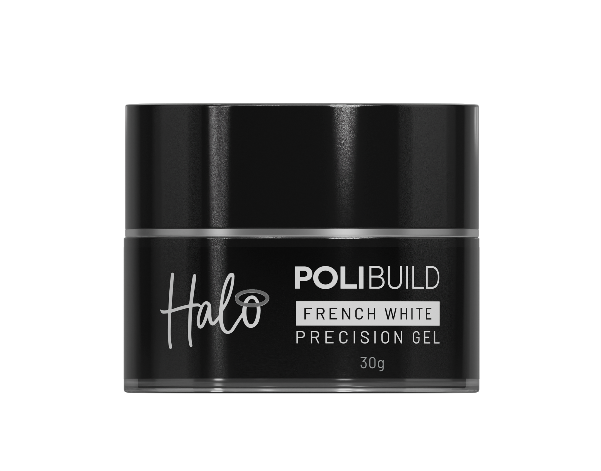 Black jar of Polibuild Halo French White Precision Gel on a white background